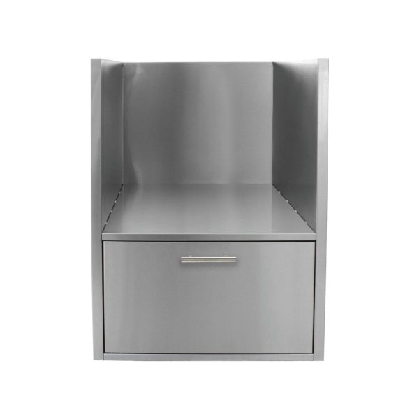 Stainless steel storage unit with a single drawer and an open shelf, ideal for modern kitchen or office organization.