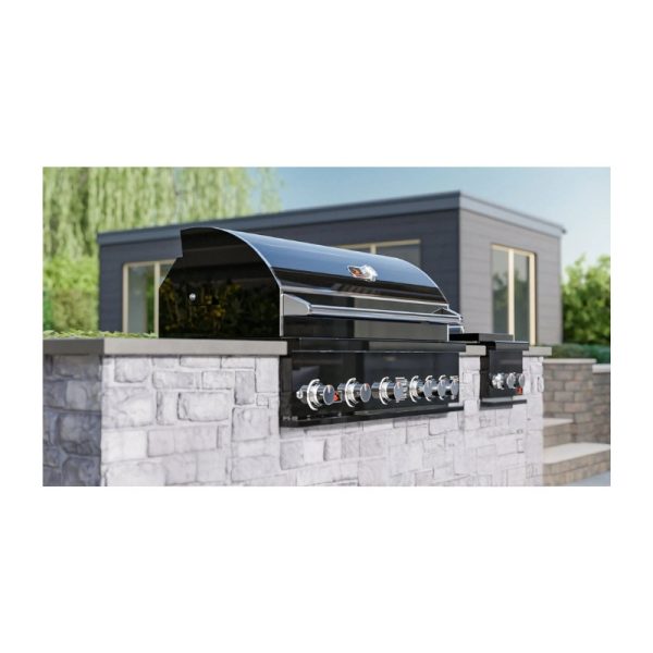 Modern outdoor gas grill with a sleek black finish, mounted on a stone countertop, set against a contemporary backyard scene.