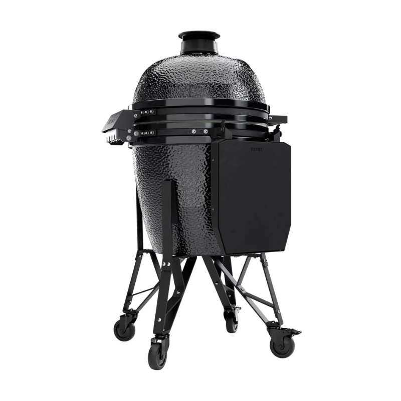 123fe3fc-a653-466c-a2be-d046d0484292.jpg Black ceramic kamado grill on a sturdy wheeled stand, designed for outdoor cooking and smoking.