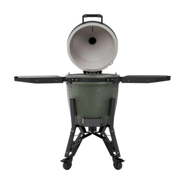 Ceramic grill with an open lid, featuring side shelves and a sturdy black metal stand on wheels for easy mobility.