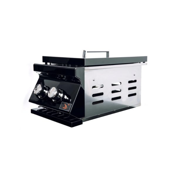 Stainless steel gas grill with dual control knobs and a sleek black finish, designed for outdoor cooking.