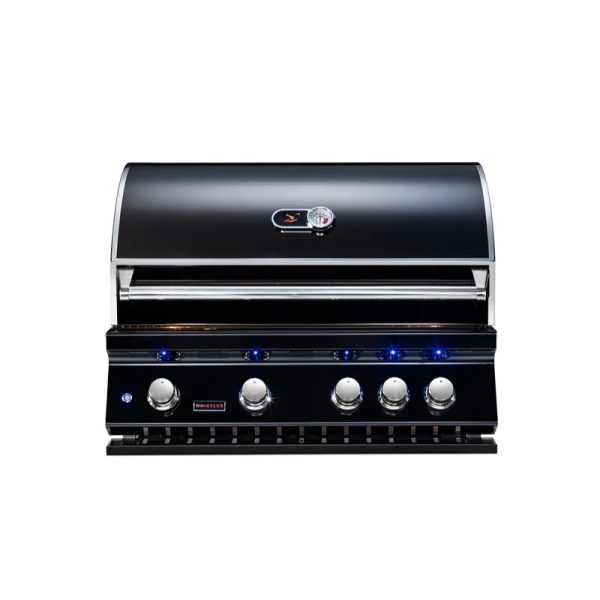 Stainless steel gas grill with five burners, illuminated control knobs, and a built-in thermometer for precise cooking.