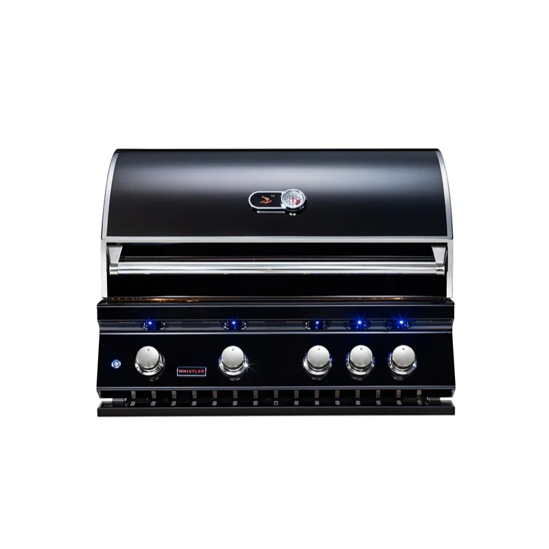 Stainless steel gas grill with five burners, illuminated control knobs, and a built-in thermometer for precise cooking.