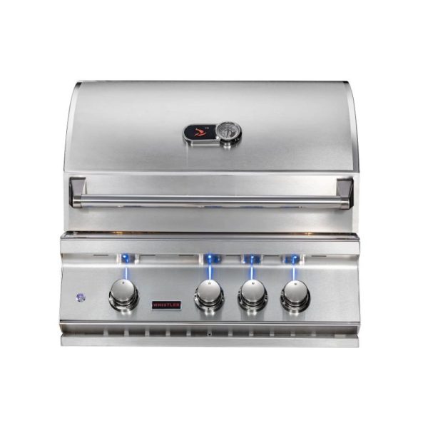 Stainless steel gas grill with four control knobs, illuminated indicators, and a built-in thermometer on the lid.