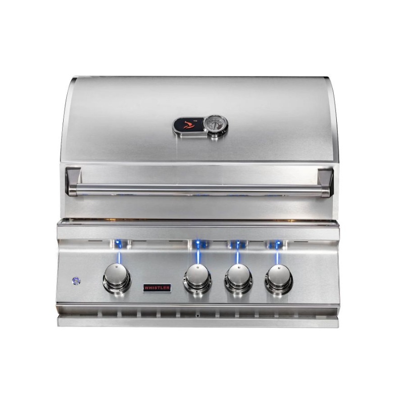 Stainless steel gas grill with four control knobs, illuminated indicators, and a built-in thermometer on the lid.