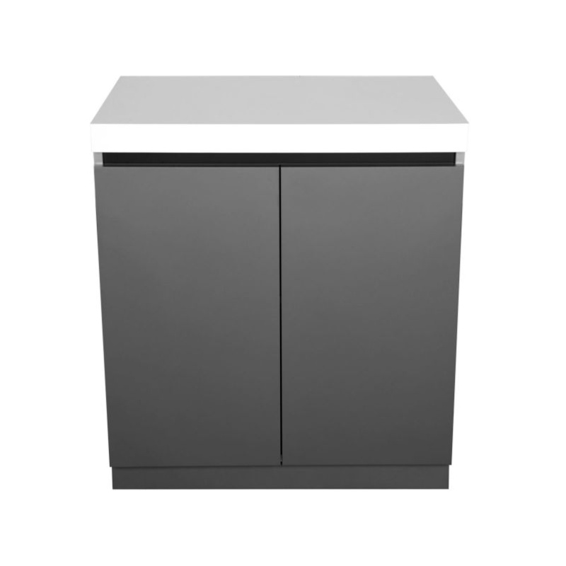 Modern gray kitchen cabinet with two doors and a white countertop, ideal for storage and enhancing kitchen decor.