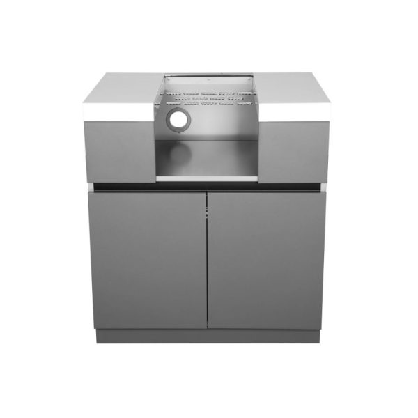 Modern gray kitchen island with a built-in grill and storage cabinets, designed for outdoor cooking and entertaining.