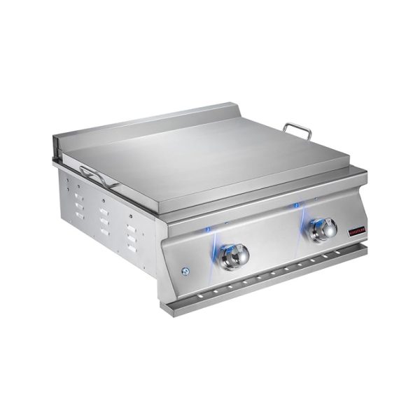 Stainless steel gas griddle with two adjustable knobs and blue LED indicators, designed for outdoor cooking.