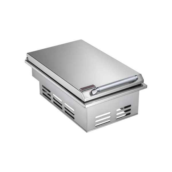 Stainless steel outdoor grill with a flat cooking surface and ventilation slots for efficient heat distribution.