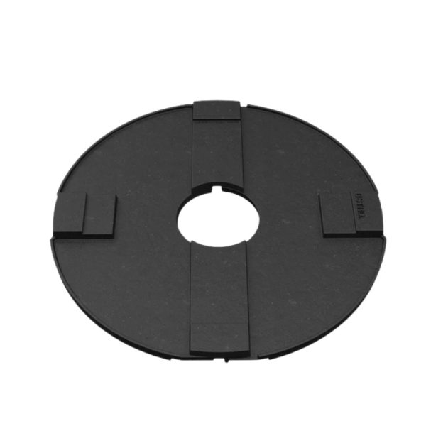 Black circular base with a central hole and four clips, designed for securing objects in place.