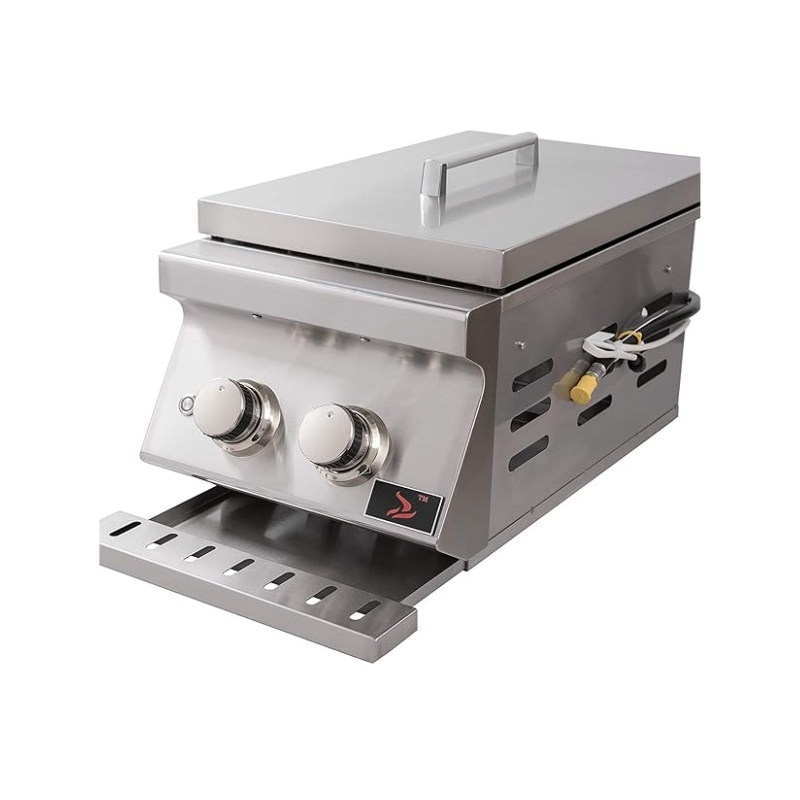 Stainless steel gas grill with two control knobs and a lid, designed for outdoor cooking.