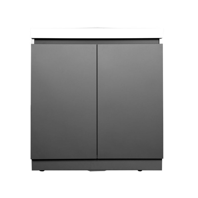 Modern gray cabinet with two doors and a sleek white top, ideal for storage in contemporary spaces.