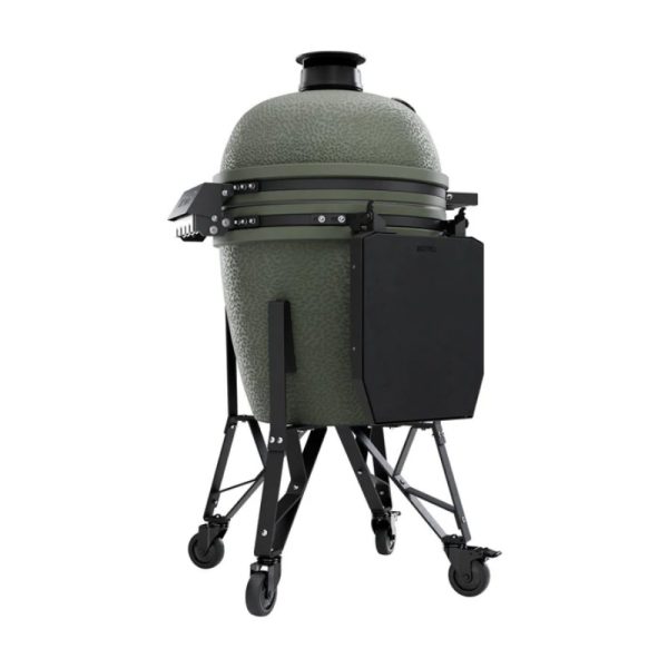 Large green ceramic grill on a black wheeled stand, featuring adjustable vents and a side shelf for grilling and smoking.