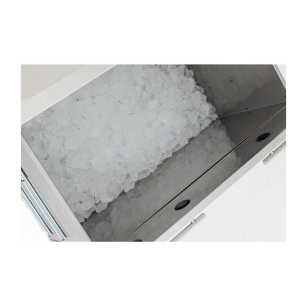 Close-up of a stainless steel ice bin filled with crushed ice, showcasing a clean and organized interior.