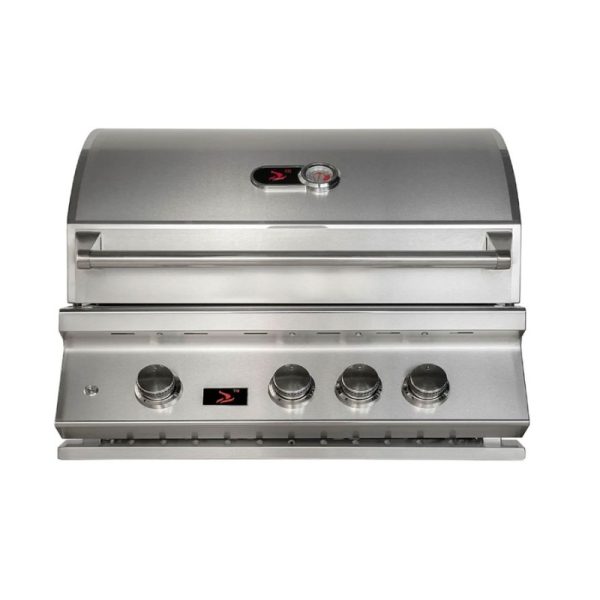 Stainless steel gas grill with four control knobs and built-in temperature gauge, designed for outdoor cooking.