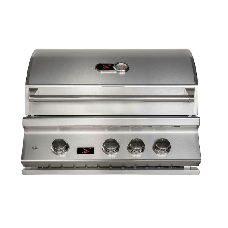 Stainless steel gas grill with four control knobs and built-in temperature gauge, designed for outdoor cooking.