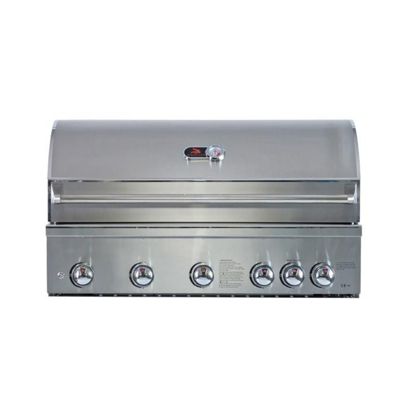 Stainless steel gas grill with five control knobs and built-in thermometer, ideal for outdoor cooking.