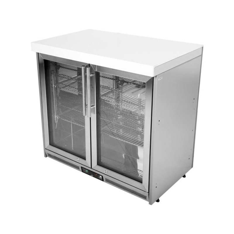 Stainless steel commercial refrigerator with double glass doors and a white countertop, designed for food and beverage storage.