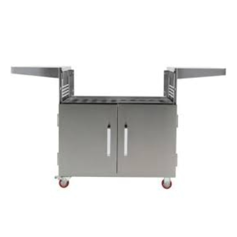 Stainless steel outdoor grill cart with two side shelves and storage cabinets on wheels.