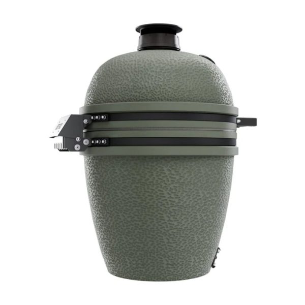 Green ceramic grill with a textured surface and adjustable air vents, designed for grilling, smoking, and baking.