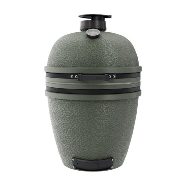Green ceramic kamado grill with textured surface, adjustable vent, and temperature gauge for versatile outdoor cooking.