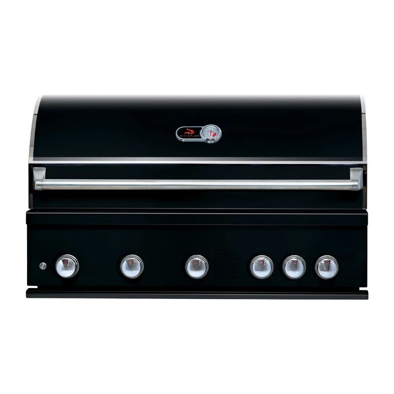 Black gas grill with five control knobs and a built-in thermometer on the lid, designed for outdoor cooking.