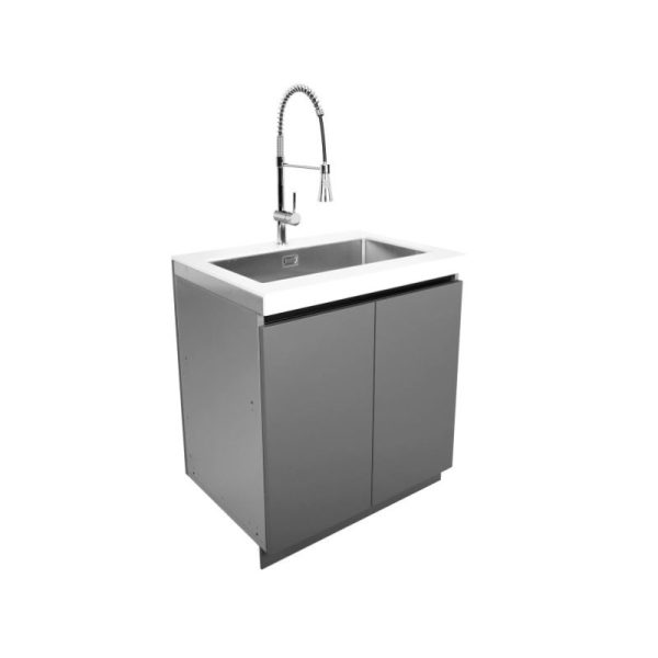 Modern gray kitchen sink cabinet with a stainless steel basin and a sleek pull-down faucet.