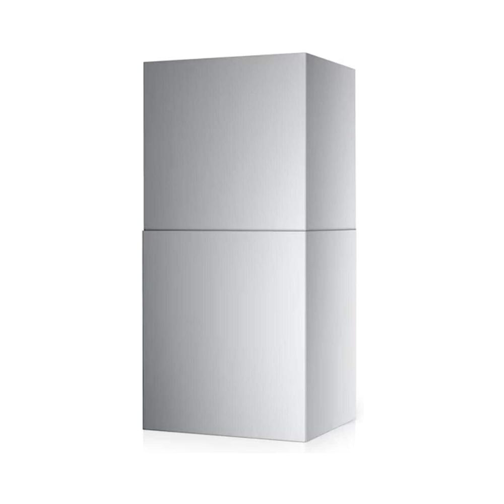 Modern silver refrigerator with a minimalist design, featuring a top freezer and bottom refrigerator compartment.