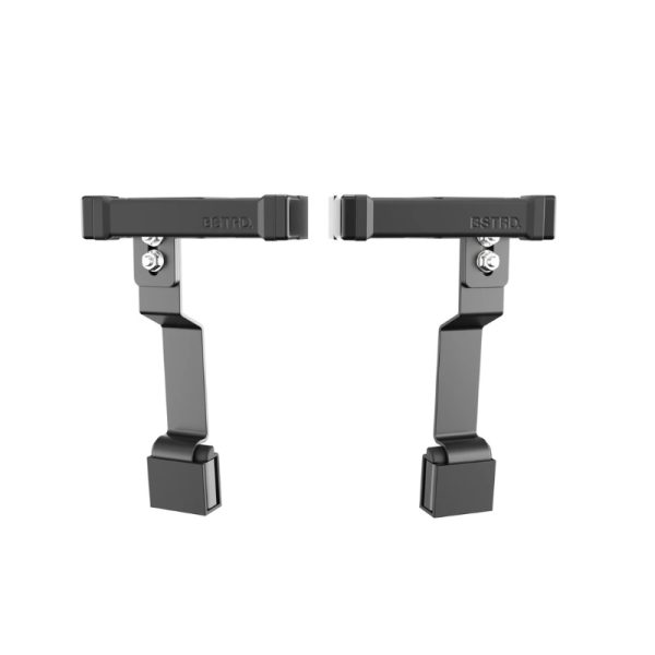 Black metal mounting brackets designed for secure attachment, featuring adjustable components and sturdy base supports. Ideal for various applications.