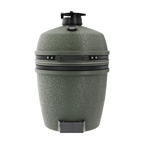 Green ceramic grill with a textured surface and a top vent, designed for outdoor cooking and smoking, featuring a sturdy base and adjustable temperature control.