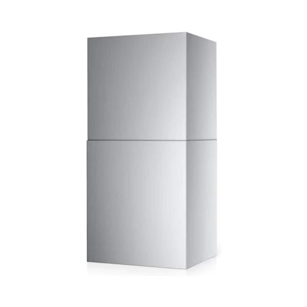 Modern stainless steel refrigerator with a sleek, minimalist design, featuring a top freezer and bottom refrigerator compartment.