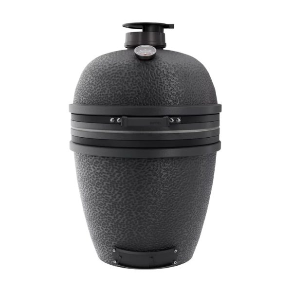 Black ceramic kamado grill with a textured finish and temperature gauge on top. Ideal for grilling, smoking, and baking.