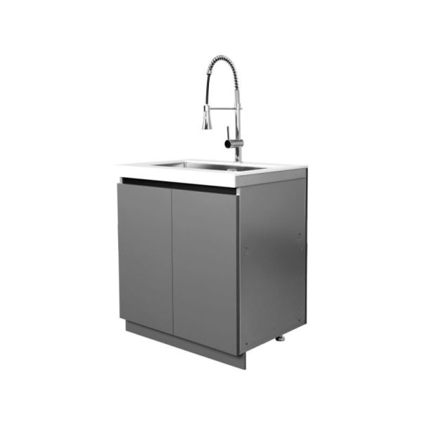 Modern gray kitchen sink cabinet with a stainless steel faucet and white countertop, featuring two doors for storage.
