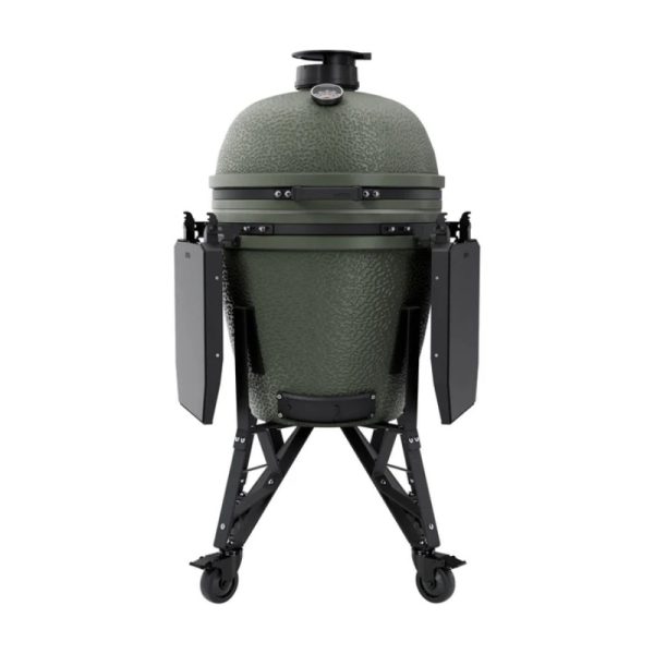 Green ceramic grill with a sturdy black metal stand and side shelves, designed for versatile cooking and outdoor grilling.