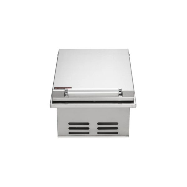 Stainless steel outdoor kitchen grill with a sleek design and a front handle, featuring ventilation slots for optimal airflow.