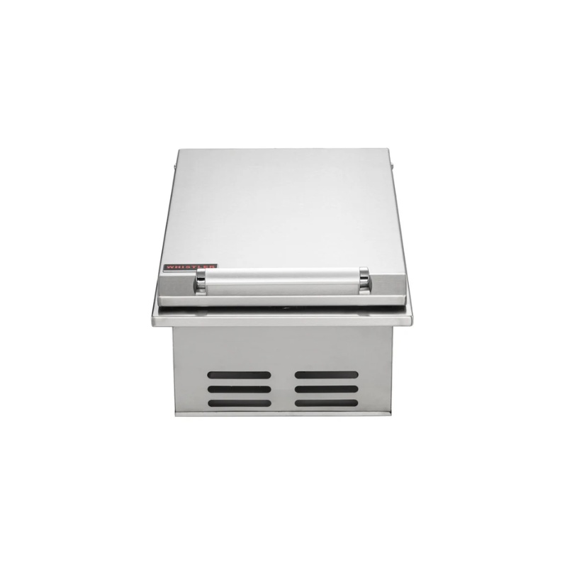 Stainless steel outdoor kitchen grill with a sleek design and a front handle, featuring ventilation slots for optimal airflow.