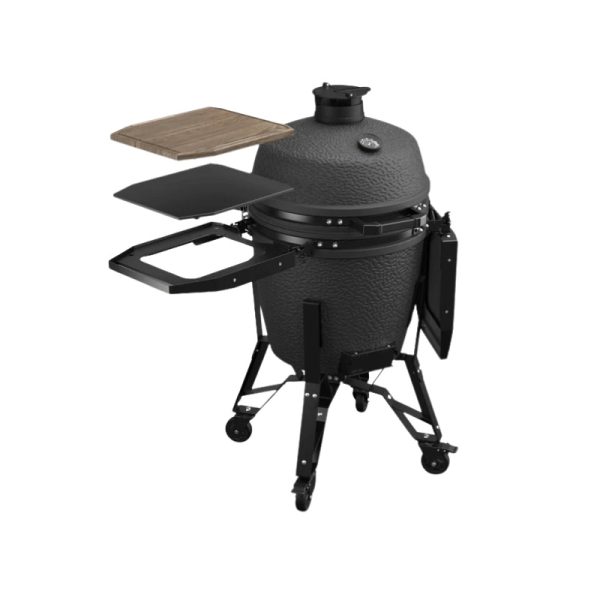 Black ceramic kamado grill with side shelves and wheels for easy mobility. Ideal for outdoor cooking and grilling.