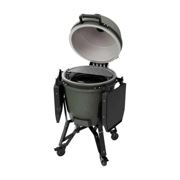Kamado-style grill with an open lid, featuring a ceramic body, adjustable vents, and side shelves for convenience. Ideal for grilling, smoking, and baking.