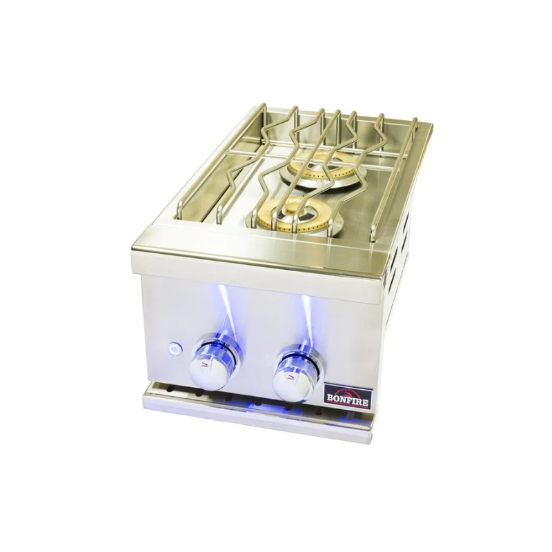 Stainless steel gas cooktop with two burners and illuminated control knobs, ideal for outdoor cooking.