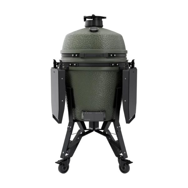 Green ceramic grill with a dome shape, mounted on a sturdy black frame with wheels for easy mobility.