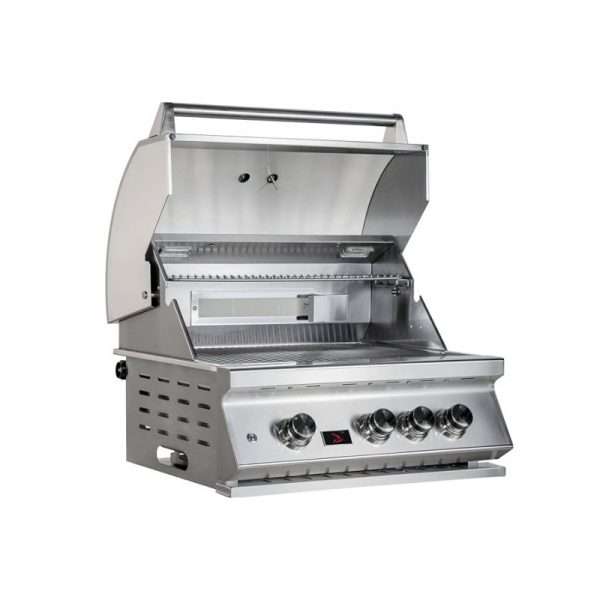 Stainless steel gas grill with an open lid, featuring four control knobs and a spacious cooking area. Ideal for outdoor barbecues and grilling.