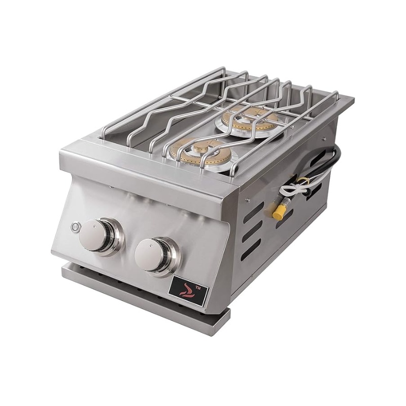 Stainless steel gas stove with two burners and adjustable knobs, designed for efficient cooking in kitchens or outdoor settings.