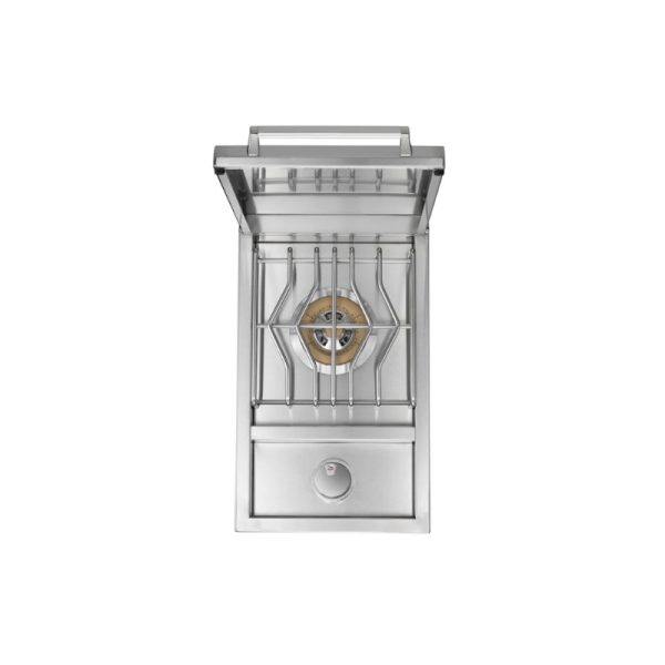 Stainless steel outdoor gas grill with a single burner and a storage drawer, designed for efficient cooking and durability.