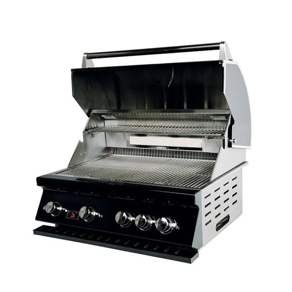 Stainless steel gas grill with an open lid, featuring multiple burners and a spacious cooking surface.