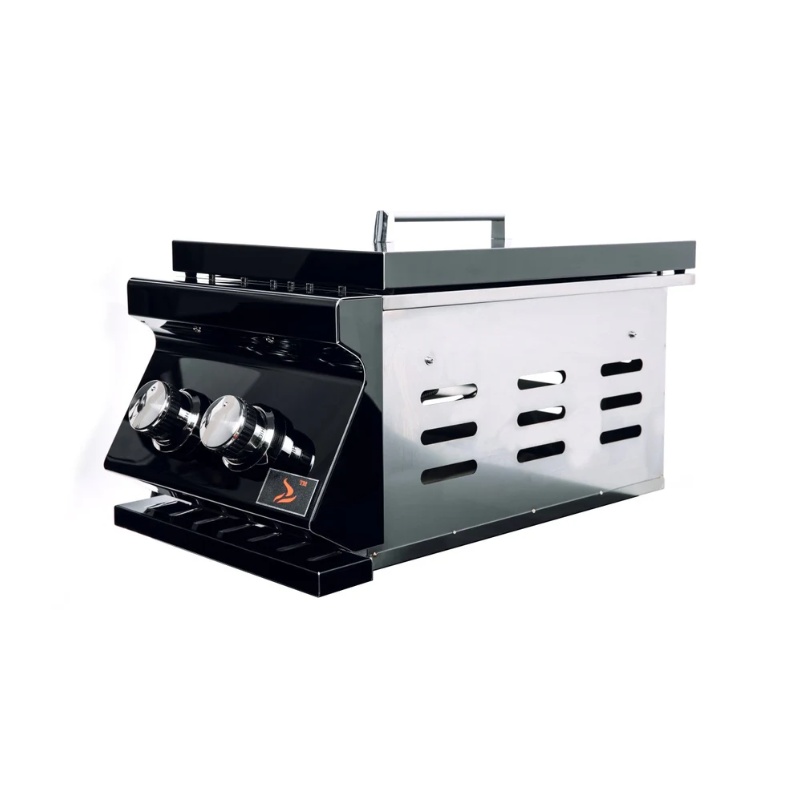 Compact stainless steel gas grill with two control knobs and a sleek black finish, designed for outdoor cooking.