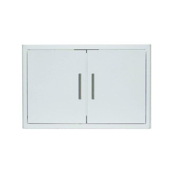 Modern white wall cabinet with two doors and sleek silver handles, ideal for storage in kitchens or bathrooms.