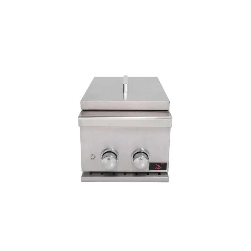 Stainless steel countertop grill with two control knobs and a sleek design, ideal for cooking various foods.