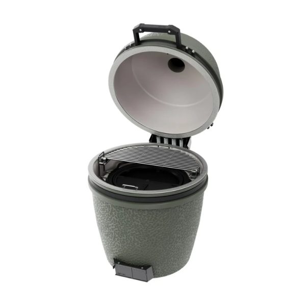 Ceramic grill with an open lid and cooking grate inside, showcasing its interior design and features.