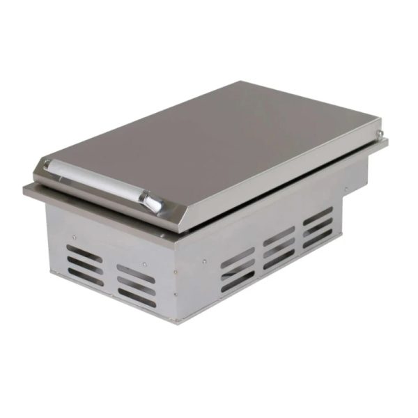 Stainless steel flat top grill with a smooth cooking surface and ventilation openings for heat distribution.
