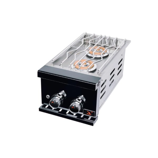 Stainless steel gas stove with two burners and adjustable knobs, designed for efficient cooking.